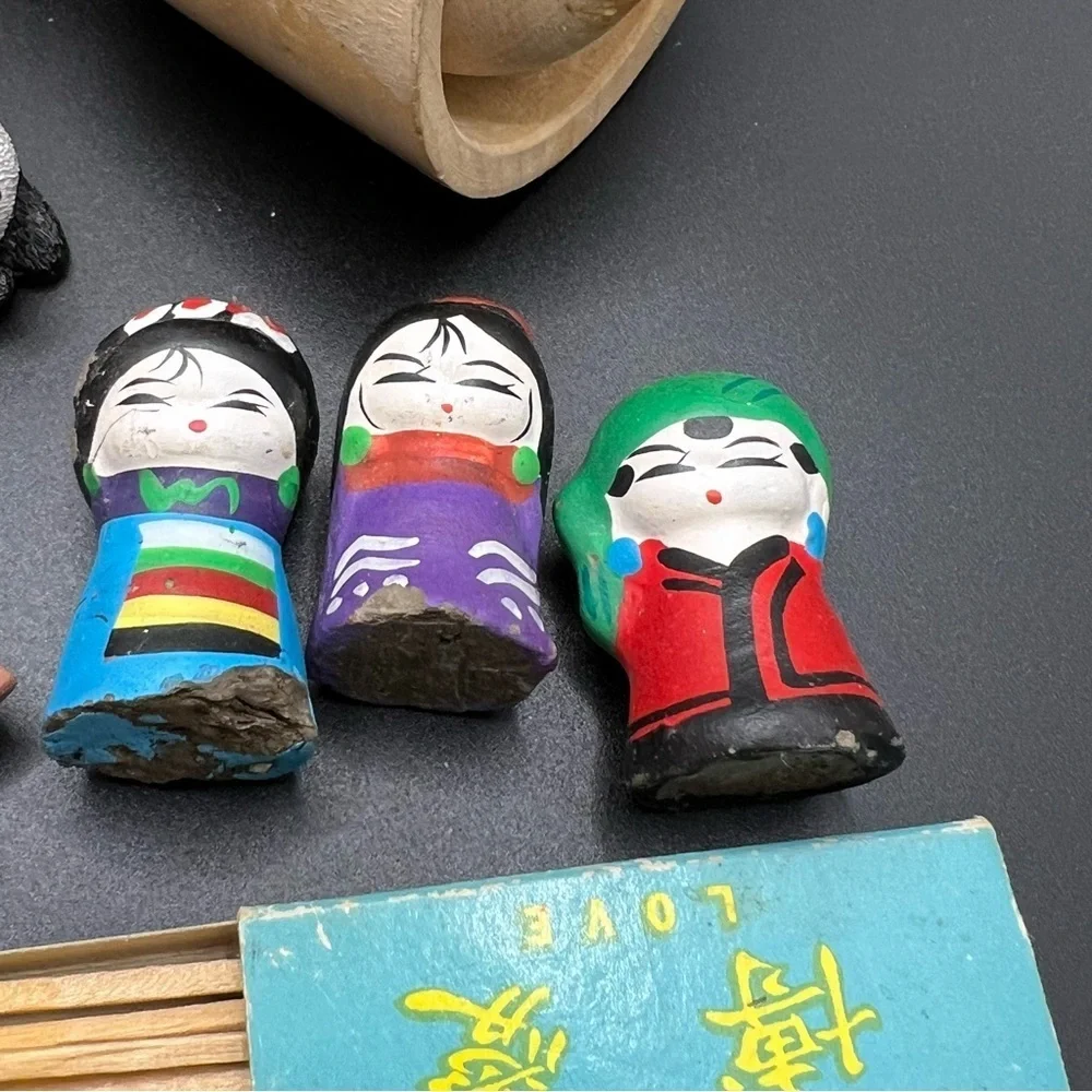 Miniature Japanese Dolls Ornaments Matches Lot Of Antique Charms Fan